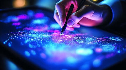 A business mans hand is writing on a tablet with hologram icons