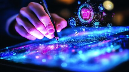 A business mans hand is writing on a tablet with hologram icons