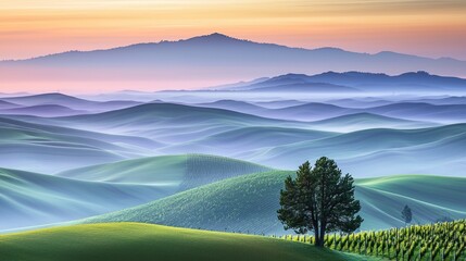 Wall Mural - Sunrise over misty rolling hills, lone tree, distant mountains; scenic landscape