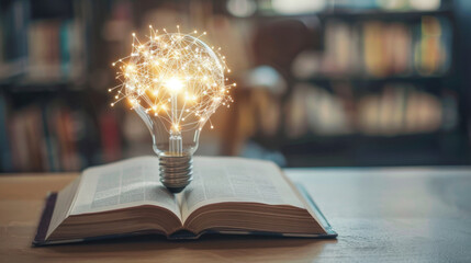 Poster - Light bulb with glowing connections above open book, symbolizing knowledge and innovation in library setting