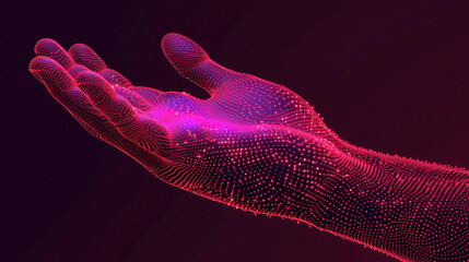 Poster - digital representation of hand with vibrant, glowing design, showcasing intricate patterns and colors. hand appears to be reaching out, symbolizing connection and technology