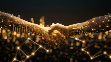Poster - Digital handshake symbolizing partnership and collaboration in technology, with glowing data patterns representing innovation and connectivity