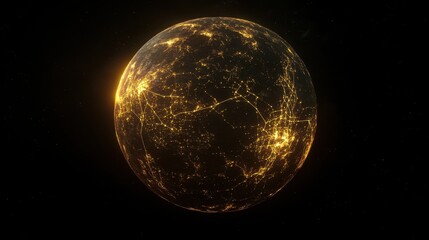 Wall Mural - Generative AI illustration of glowing planet with yellow network connecting cities on black background