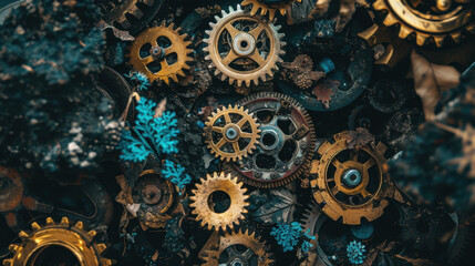 Poster - Rustic gears and cogs intertwined with nature, showcasing blend of metal and foliage. This captures beauty of industrial elements in harmony with organic growth