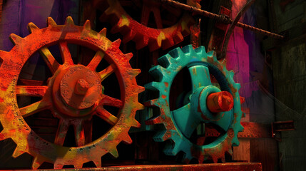 Poster - Colorful gears in mechanical setting, showcasing vibrant hues and intricate designs. image captures essence of industrial machinery and creativity
