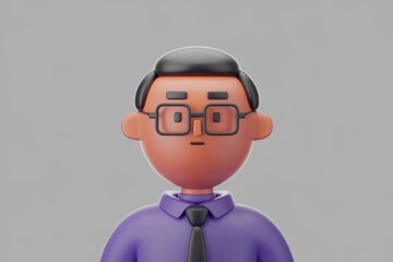 Poster - A 3D-rendered cartoon of a man wearing glasses and a purple shirt, against a gray background.