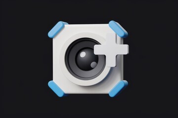 Poster - 3D render of a camera icon with a plus sign, signifying adding or creating new content.
