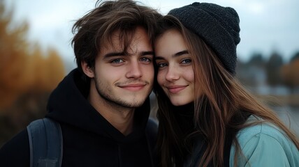 A young couple smiles warmly at the camera, set against a backdrop of autumn foliage, showcasing a cozy and affectionate moment.