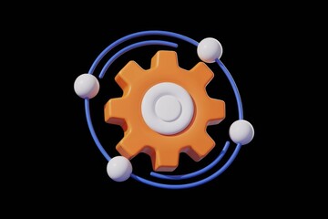 Aufkleber - 3D render of an orange gear connected to four white spheres by blue lines, symbolizing network connectivity and teamwork.