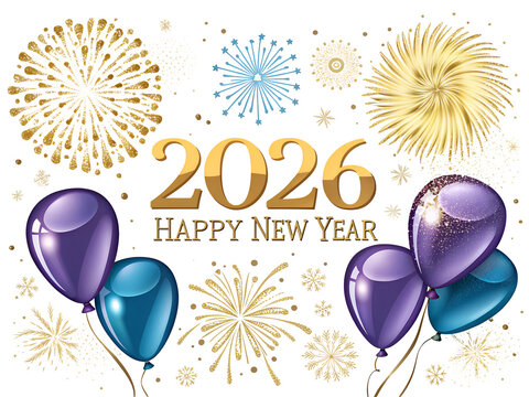 2026 happy new year with  gold firework festive blue purple mylar balloons isolated on white background .PNG transparent