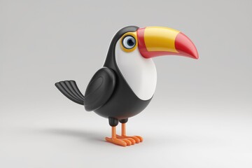 Wall Mural - A cute, cartoon toucan with a large, colorful beak stands on a white background.