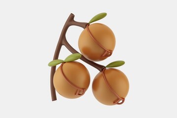 Poster - 3D render of three cartoonish orange fruits on a brown branch with green leaves.