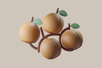 Poster - Stylized 3D render of four apricots on a branch with leaves, showcasing a minimalist and playful design.