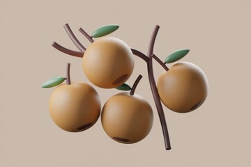 Poster - Stylized 3D render of four orange fruits on a branch with minimalist green leaves against a beige backdrop.