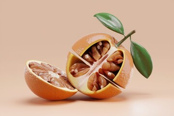 Poster - A segmented orange reveals its inner walnut-like structure, a surreal and artistic depiction of fruit.