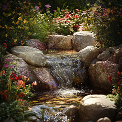Poster - Stream flowing through rocks surrounded by vibrant flowers in a peaceful garden