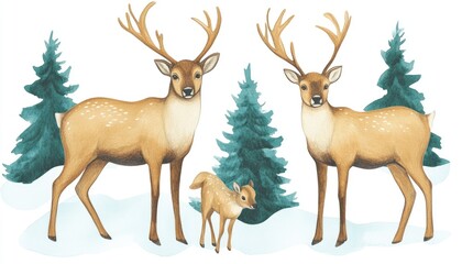 Naklejka na meble Group of deer standing in a snowy landscape surrounded by evergreen trees, showcasing a serene winter scene
