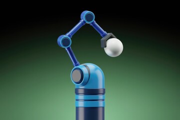 Poster - A stylized robotic arm, blue and dark blue, delicately holds a white sphere against a green backdrop.