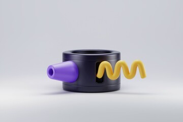 Poster - Abstract 3D render of a dark cylinder with a purple spout and yellow wavy element.