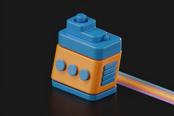 Poster - A 3D rendering of a stylized retro device with orange and blue accents, emitting a rainbow streak.