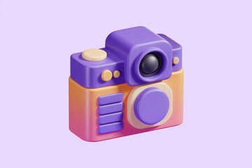 Poster - A 3D rendered illustration of a stylized camera, showcasing vibrant purple and orange hues.