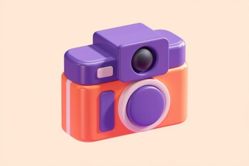 Poster - A 3D rendered cartoon camera, vibrant orange and purple, playfully designed.