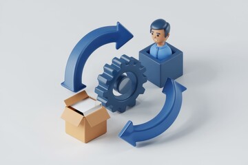 Poster - 3D illustration depicting a person, gear, box, and circular arrows, symbolizing a continuous workflow or process.