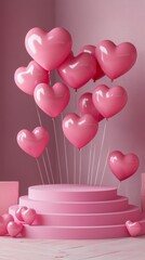 Poster - A whimsical podium adorned with multiple heart-shaped pink balloons creates an enchanting setting for Valentine's Day celebrations. The soft hues and playful design invite love and joy