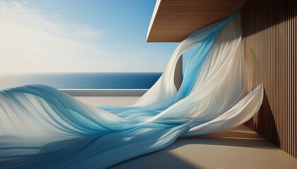 flowing fabric in minimalist modern architecture with ocean view