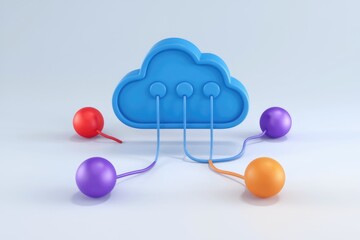 Poster - Cloud computing concept:  A blue cloud connected to colorful spheres, symbolizing data network.