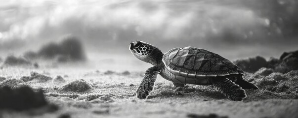 Wall Mural - Many baby turtles on the sandy beach and crawl to the ocean.