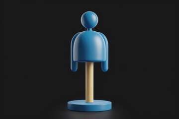Poster - A stylized 3D render of a blue human-like figure on a wooden stand against a transparent background.