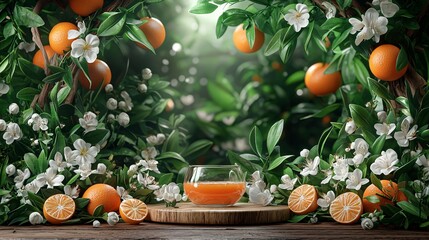 Oranges on tree, juice on wood, sunlit background for product promotion