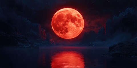 Wall Mural - red moon over water