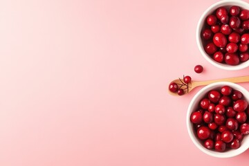 Wall Mural - Fresh cranberries in bowls spoon on pink background