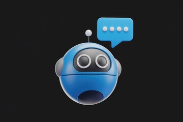 Poster - A 3D rendering of a cute blue robot displaying a chat bubble, symbolizing AI communication.