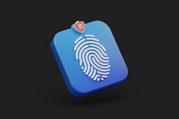Poster - 3D illustration of a blue square button with a fingerprint and a shield, representing biometric security.