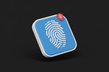 Poster - 3D rendering of a blue square app icon featuring a fingerprint and a security shield, symbolizing biometric authentication.