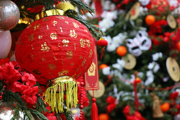 Wall Mural - Festive toys and Chinese red paper lantern on a fir tree. Lunar New Year celebration in China