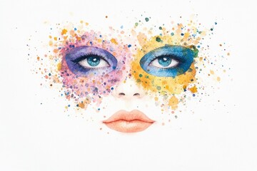 Canvas Print - Beautiful watercolor illustration of a woman s face with colorful abstract mask and expressive eyes, ideal for art, design, and makeup themes