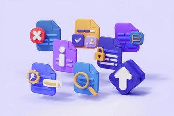 Poster - 3D render of colorful file icons representing data management, security, and information access.