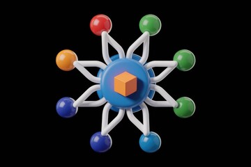 Poster - Abstract 3D rendering of a central cube connected to colorful spheres, symbolizing network, data, or connection.