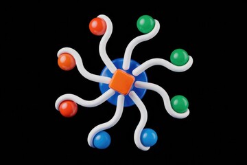 Poster - Abstract 3D render of a colorful spinning wheel with spheres and curved lines on a transparent background.