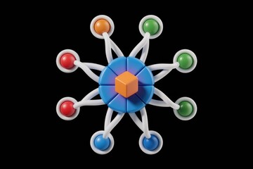 Poster - Abstract 3D model showing interconnectedness and data flow with colorful spheres and a central cube.