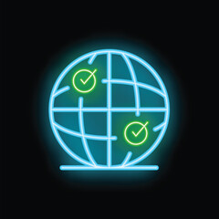 Poster - neon globe with two green check marks is glowing on a dark background, evoking the concept of global