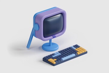 Poster - A stylized 3D render of a retro computer monitor and keyboard with pastel colors.