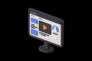 Fototapete - 3D isometric illustration of a computer screen displaying a webpage with a video player and user profile.