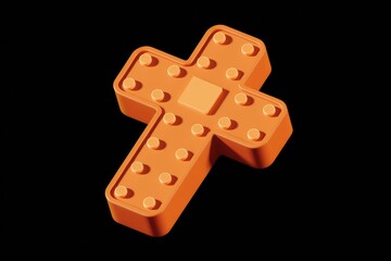 Poster - An orange 3D model of a cross, adorned with small circular accents, set against a stark black backdrop.