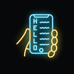 Poster - Neon sign of a hand holding a smartphone with the word hello written vertically on the screen