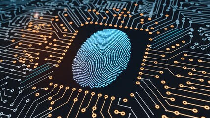 Poster - Digital fingerprint on a circuit board, representing biometric security and technological authentication.